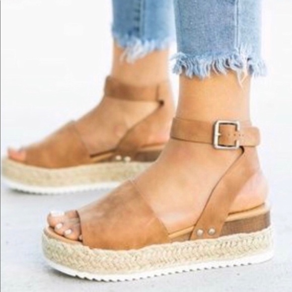 Soda Shoes - Espadrille Wedge Sandals - Tan